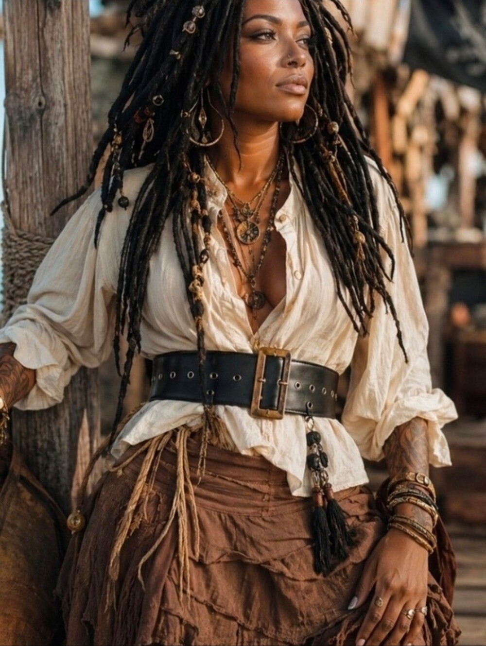 4/$15 Piratecore Wide Black Waist Belt Gold Buckle 66” Boho Gothic Steampunk